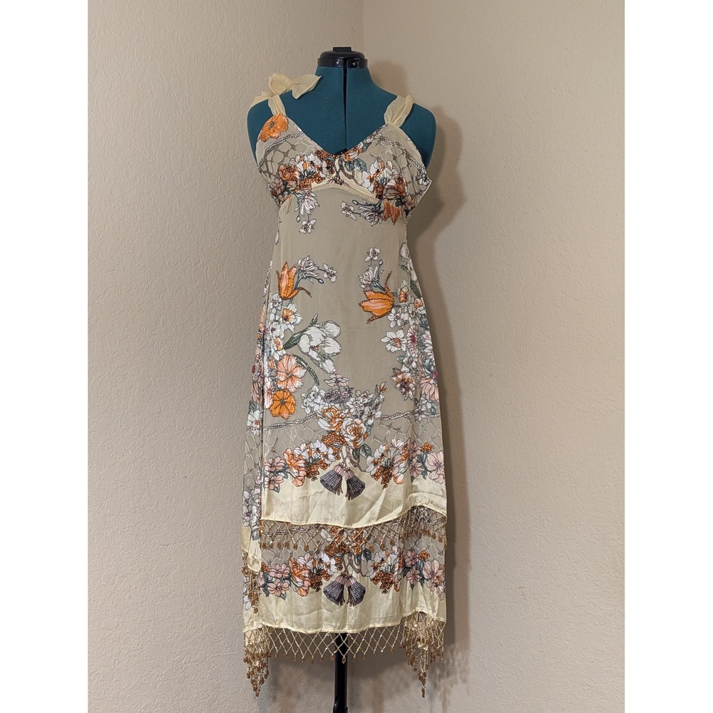Aris A. Silk Blend Floral Burnout Velvet Midi Dress Beaded Fringe Beige SD568A M